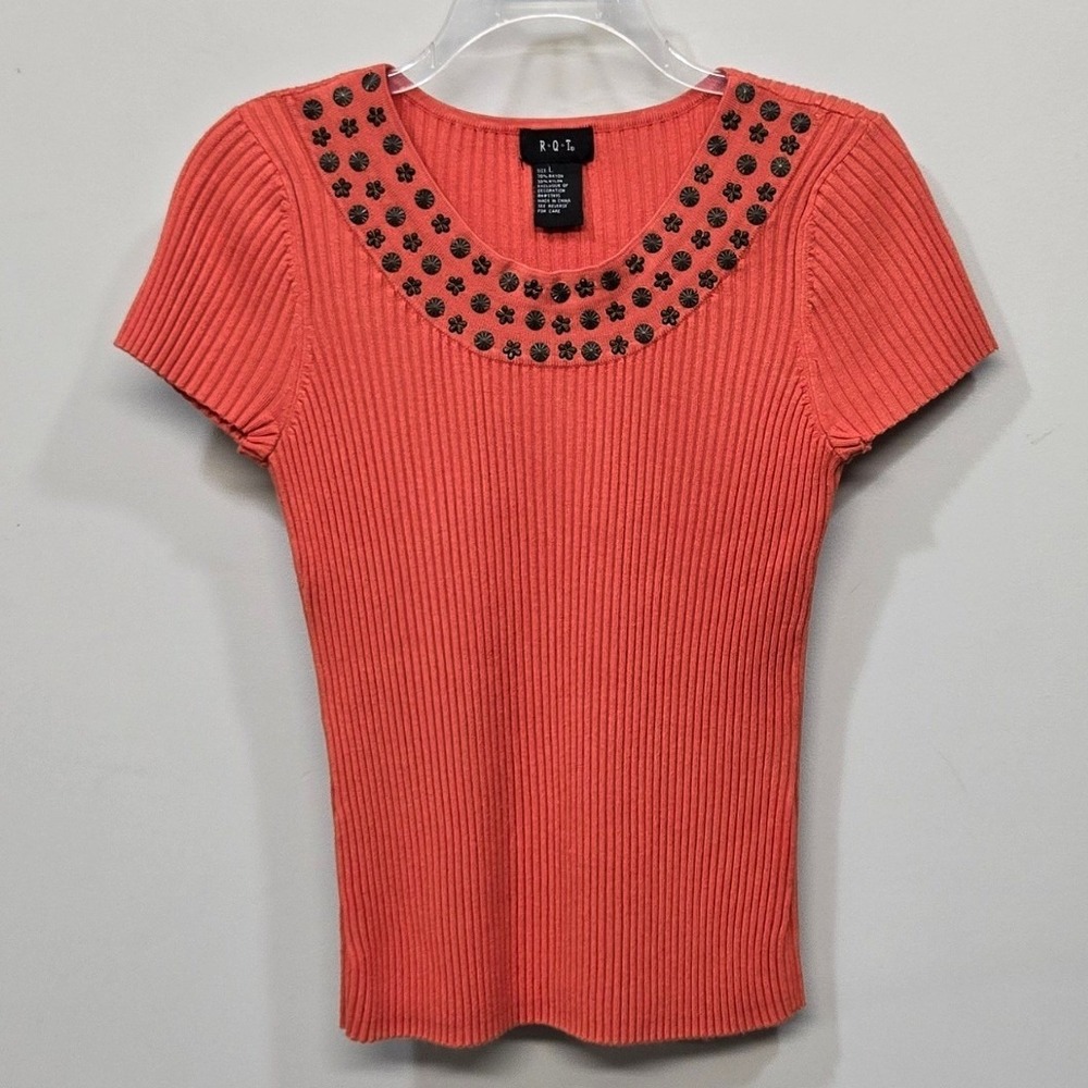 Womens Ribbed Knit Shirt Top Large Persimmon Red Studded Y2K Boho Indie Romantic